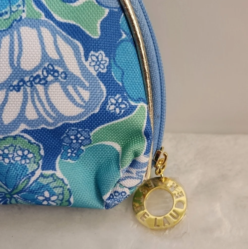 Lilly Pulitzer Estee Lauder Blue Green Floral Butterflies Cosmetic Makeup Bag